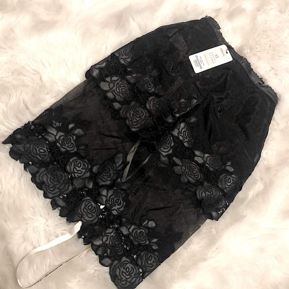 Black mesh see-through Pencil skirt with rose detail on bottom